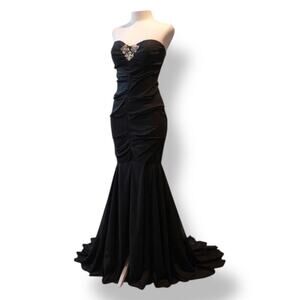 Vintage Cache Formal Black Formal Maxi Strapless Gown Rhinestone Brooch Sheer